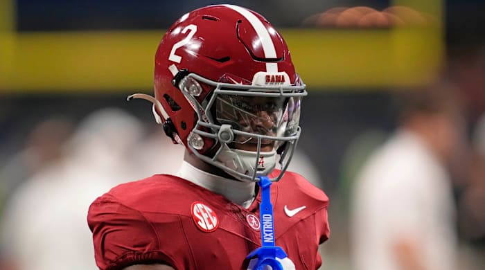Dec 2, 2023; Atlanta, GA, USA; Alabama Crimson Tide defensive back Caleb Downs (2) practices before the SEC Championship game against the Georgia Bulldogs at Mercedes-Benz Stadium.